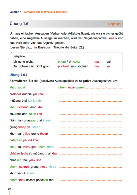 Übung zur Negation von Aussagen auf Thai - Thai Konversation Band1